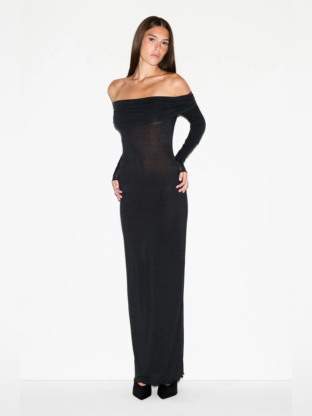 SKIMS Sheer Modal Off The Shoulder Long Sleeve Maxi Black Dress Size XL